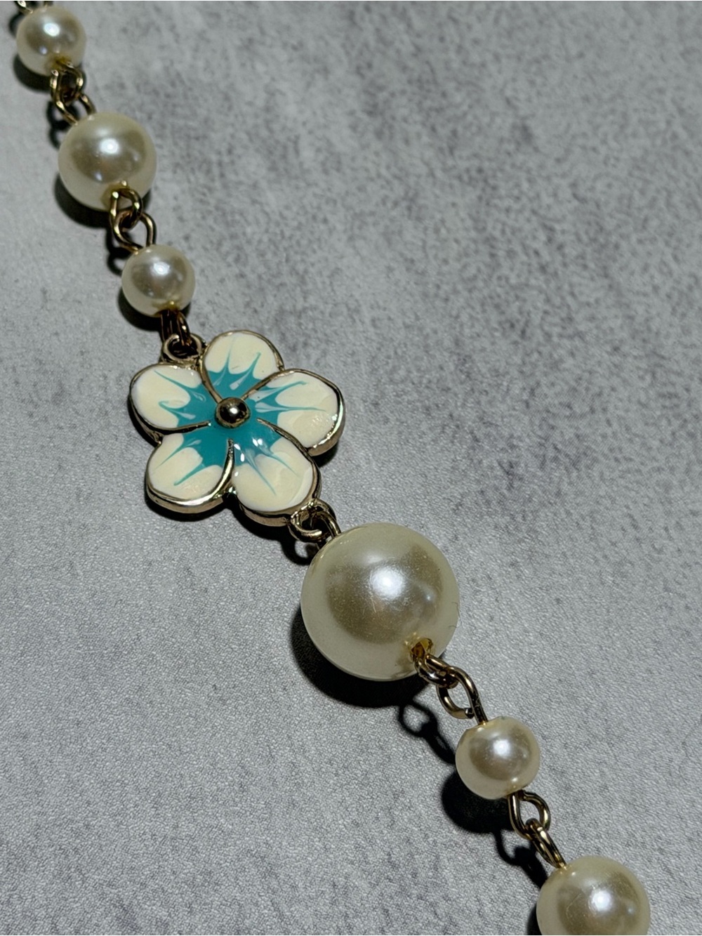 Pearl Bead Necklace with Blue Enamel Flower
